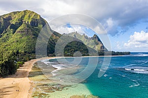 Aerial drone shot of Tunnels Beach on the north shore of Kauai in Hawaii