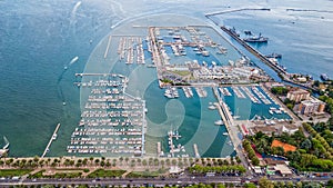 Aerial drone shot view of dockyard in La Spezia