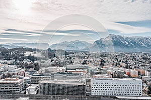 Aerial drone shot view of Salzburg Landeskrankenhaus with view o