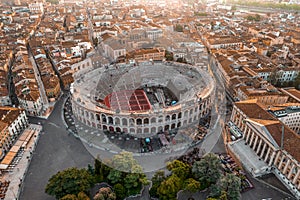 Aerial drone shot view of sunrise on ancient roman amphitheatre in Verona, Italy