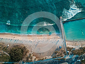 Aerial drone shot view of Waikiki beach in Honolulu in Hawaii in summer time