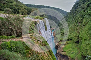 Aerial drone shot of the water fall Tamul in San Luis Potosi Mexico