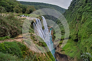 Aerial drone shot of the water fall Tamul in San Luis Potosi Mexico