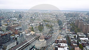 Aerial drone shot of Williamsburg district, New York City. Streets and crossroads. NYC, USA.