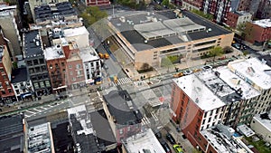 Aerial drone shot of Williamsburg district, New York City. Streets and crossroads. NYC, USA.