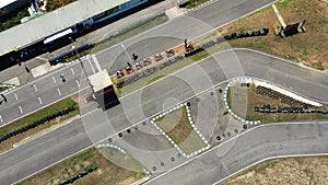 Aerial drone shot of winding go-kart race track