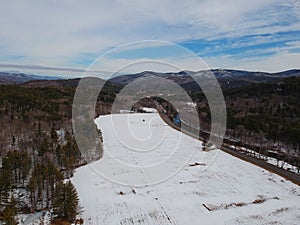 Aerial Drone shot of winter in the Adirondack Mountains High Peaks Region