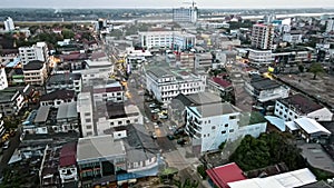 Aerial drone shots of Vientiane, the capital city of Laos, showing the Lao-Thai border