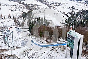 Aerial drone on ski jump tower in Wisla Malinka photo