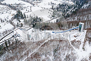 Aerial drone on ski jump tower in Wisla Malinka photo