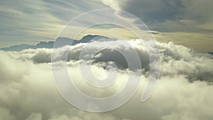 Aerial drone, sky and clouds in heaven above, nature or new dawn in mysterious land. Top view of serene, calm or