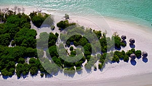 Aerial drone sky of idyllic bay beach time by blue sea and white sand background