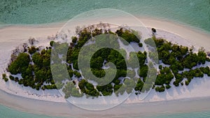 Aerial drone sky of marine bay beach adventure by blue lagoon and white sandy background