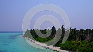 Aerial drone sky of marine seashore beach trip by blue lagoon and white sandy background