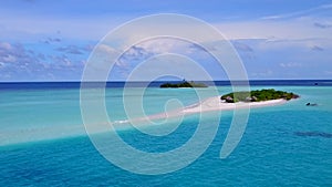 Aerial drone sky of tropical shore beach wildlife by blue lagoon and white sand background