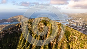 Aerial drone sunrise view of Koko Head Koko Crater mountain, an ancient volcanic tuff crater with its summit 368 m elevation, photo