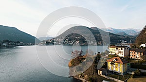 Aerial Drone - Sunset landscape on Lake Lugano