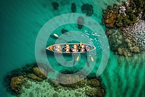 Aerial drone top down photo of sport canoe operated by team of young men in emerald calm sea waters