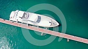 Aerial drone top down ultra wide photo of Mediterranean port with yachts docked