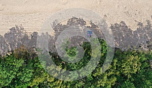 Aerial drone top down view on clean sand beach, green deciduous forest and resting people on blanked in tree shadows hiding from