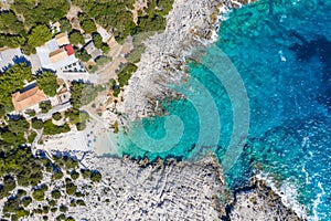 Aerial drone top down view of rocky coastline close to Alaties Beach, Kefalonia, Ionian islands, Greece photo