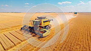 Aerial drone top view Big powerful industrial combine harvester machine reaping golden ripe wheat cereal field on bright summer or