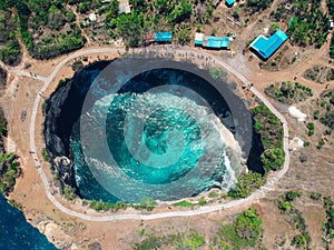 Aerial drone top view of Broken Beach in Nusa Penida, Bali, Indonesia