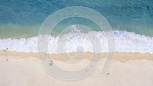 Aerial drone top view crowd of happy people relax at tropical Beach with sunset in Phuket, Thailand, Beautiful Phuket beach is