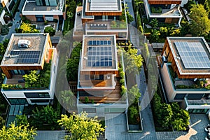 Aerial drone top view photo of modern urban development with solar panels on the house rooftops Architectural solution for country