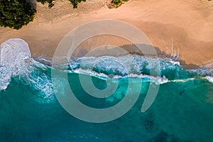 Aerial drone top view shot of white sand beach. Indian ocean shore. Copy space for text. Nature and travel background. Beautiful