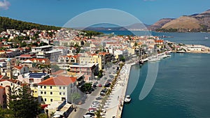 Aerial drone video of Argostoli (Argostolion), famous city and capital of Cefalonia (Kefalonia)