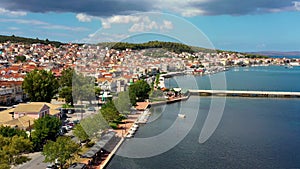 Aerial drone video of Argostoli (Argostolion), famous city and capital of Cefalonia (Kefalonia)