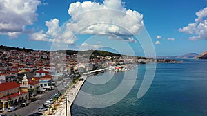 Aerial drone video of Argostoli (Argostolion), famous city and capital of Cefalonia (Kefalonia) island