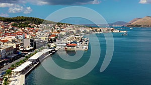 Aerial drone video of Argostoli Argostolion, famous city and capital of Cefalonia Kefalonia island, Ionian islands, Greece.