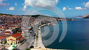 Aerial drone video of Argostoli Argostolion, famous city and capital of Cefalonia Kefalonia island, Ionian islands, Greece.