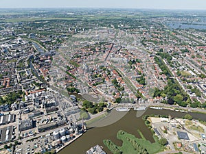 Aerial drone video of the city of Gouda, the downtown city center and the major landmarks.