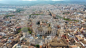 Aerial drone video footage Famous Cathedral La Seu in Palma de Mallorca Spain