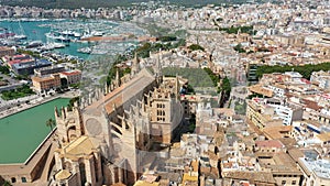 Aerial drone video footage Famous Cathedral La Seu in Palma de Mallorca Spain