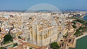 Aerial drone video footage Famous Cathedral La Seu in Palma de Mallorca Spain