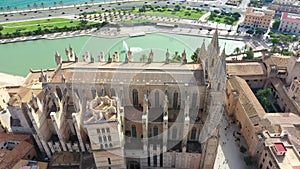 Aerial drone video footage Famous Cathedral La Seu in Palma de Mallorca Spain