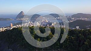 Aerial drone video footage Rio de Janeiro Brazil. Sugarloaf Mountain city line, mountain and beaches.