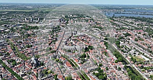 Aerial drone video of Gouda, city overview.