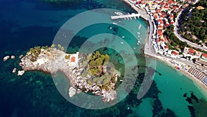 aerial drone video of Parga town and beach Valtos, Greece, Epirus