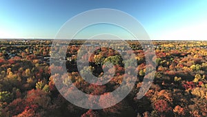 Aerial drone video raising above the colorful trees, with view of the city and a lake further away