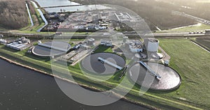 Aerial drone video showcasing a water filtration plant, showcasing the technology and infrastructure used to clean and