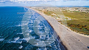 Aerial drone view above amazing Tropical Padre Island Jetti