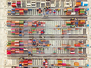 Aerial drone view above containers at dockyard.