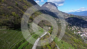 Aerial drone view from above Fort de La Bastille on the panorama of Grenoble - France, French Alps