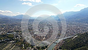 Aerial drone view from above Fort de La Bastille on the panorama of Grenoble - France, French Alps