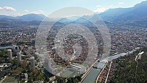 Aerial drone view from above Fort de La Bastille on the panorama of Grenoble - France, French Alps